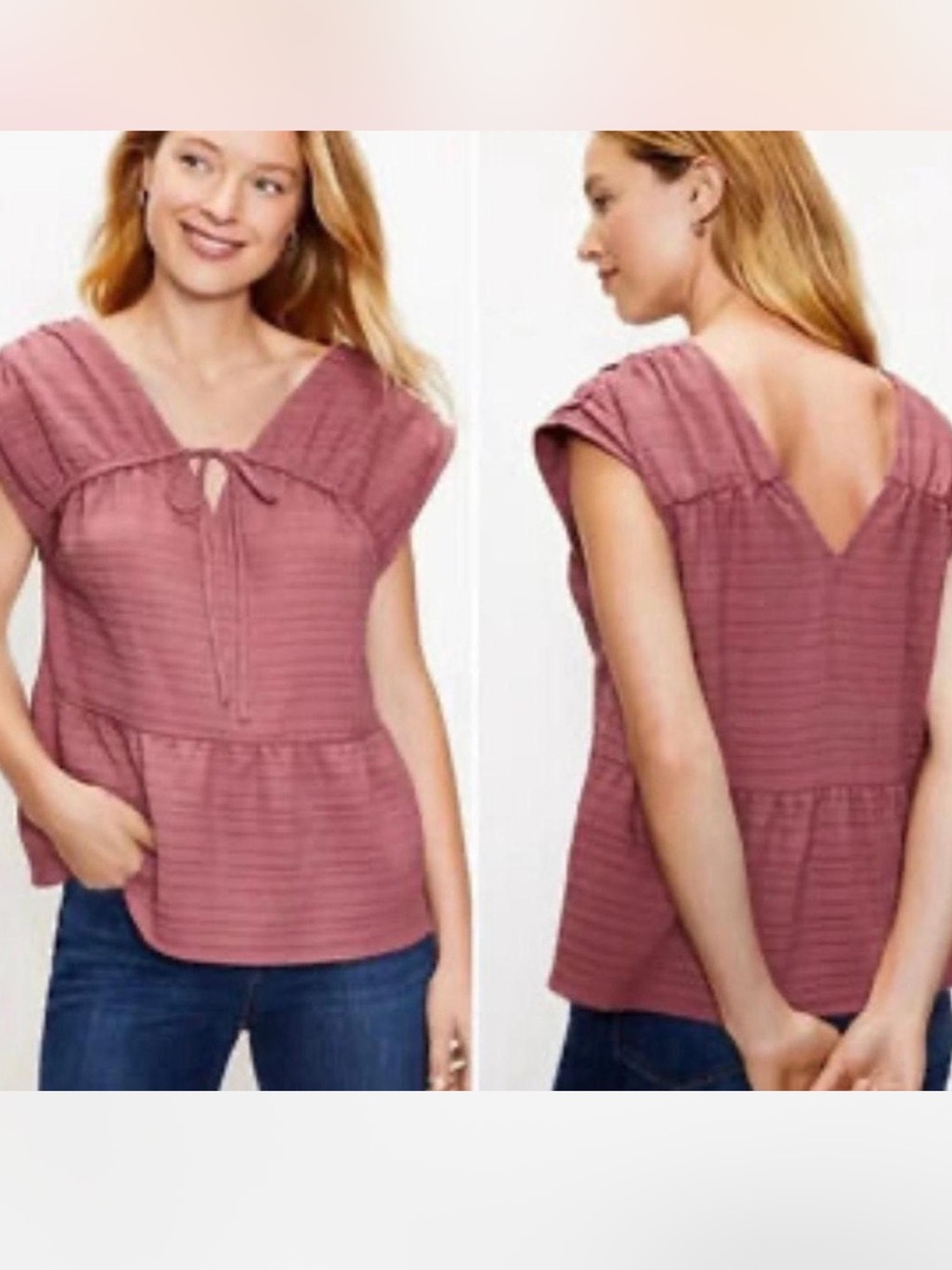 LOFT Peplum Muted Rose Crinkle Knit Tie-Front V-Neck Sleeveless Blouse Medium